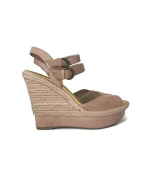 Vintage Guess Raffia Wedge Sandals: Beige Leather Platform Shoes, Size 8M
